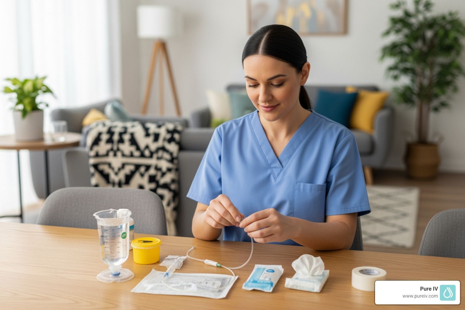A healthcare professional in blue scrubs prepares medical equipment and IV supplies at a table in a home setting.