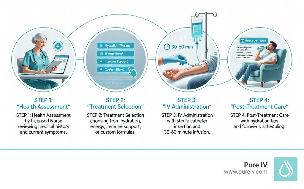 Pure IV steps: health assessment, treatment selection, IV infusion, post-treatment care.