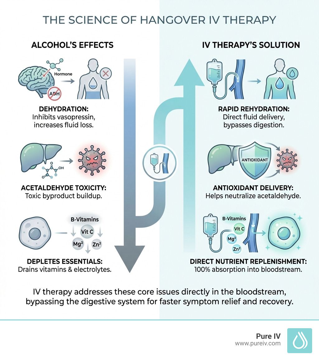 Infographic: Science of hangover IV therapy. Alcohol effects vs. IV therapy solutions, illustrating rapid rehydration, antioxidant delivery, and nutrient replacement.