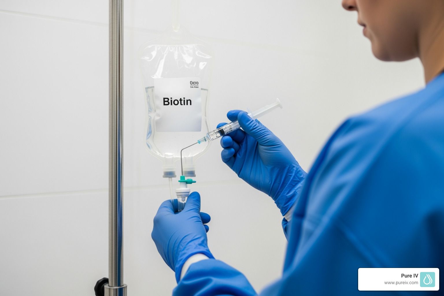 Healthcare professional preparing Biotin IV drip for mobile IV therapy infusion