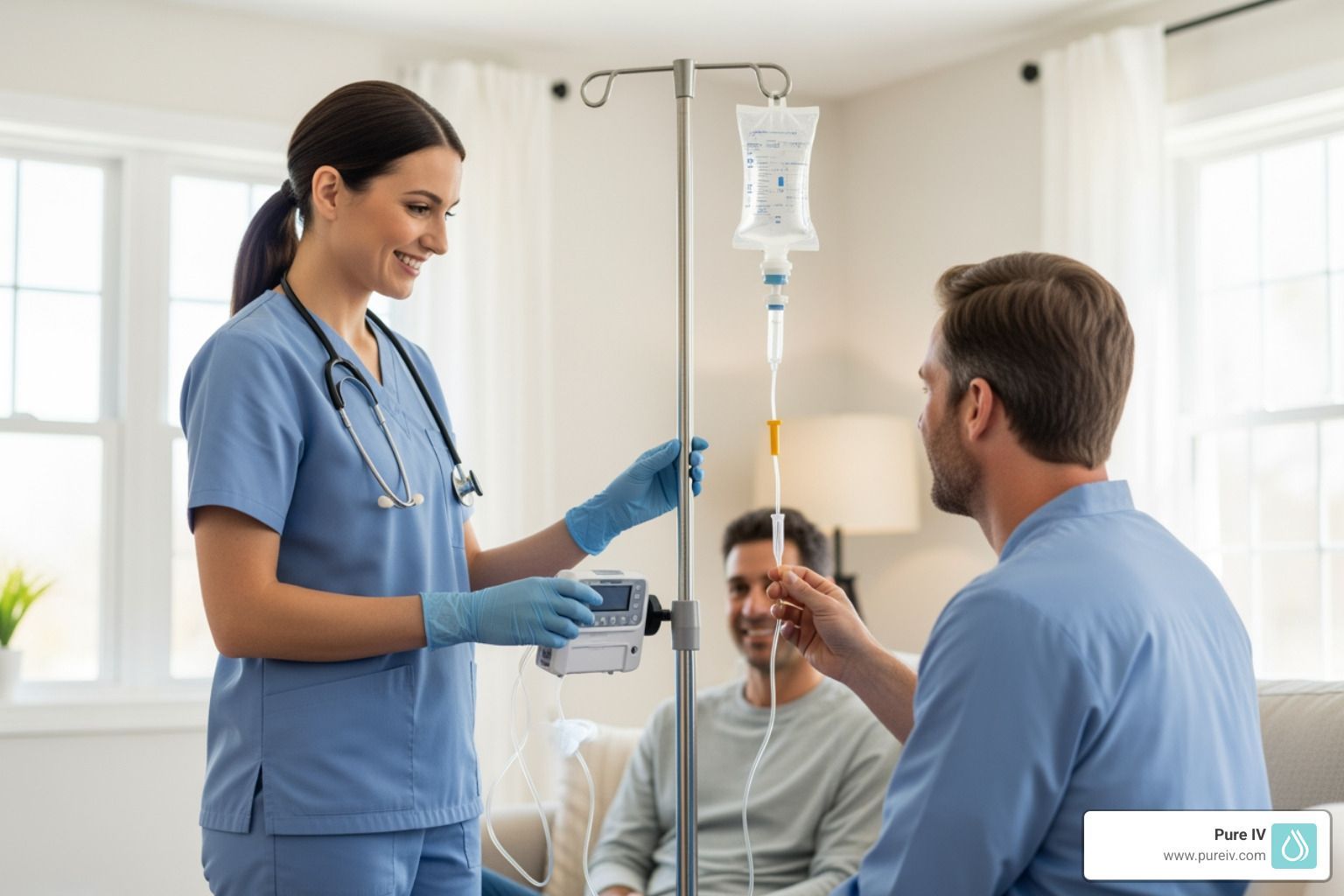 A healthcare professional adjusts an IV drip for a patient in a home setting as another person watches.