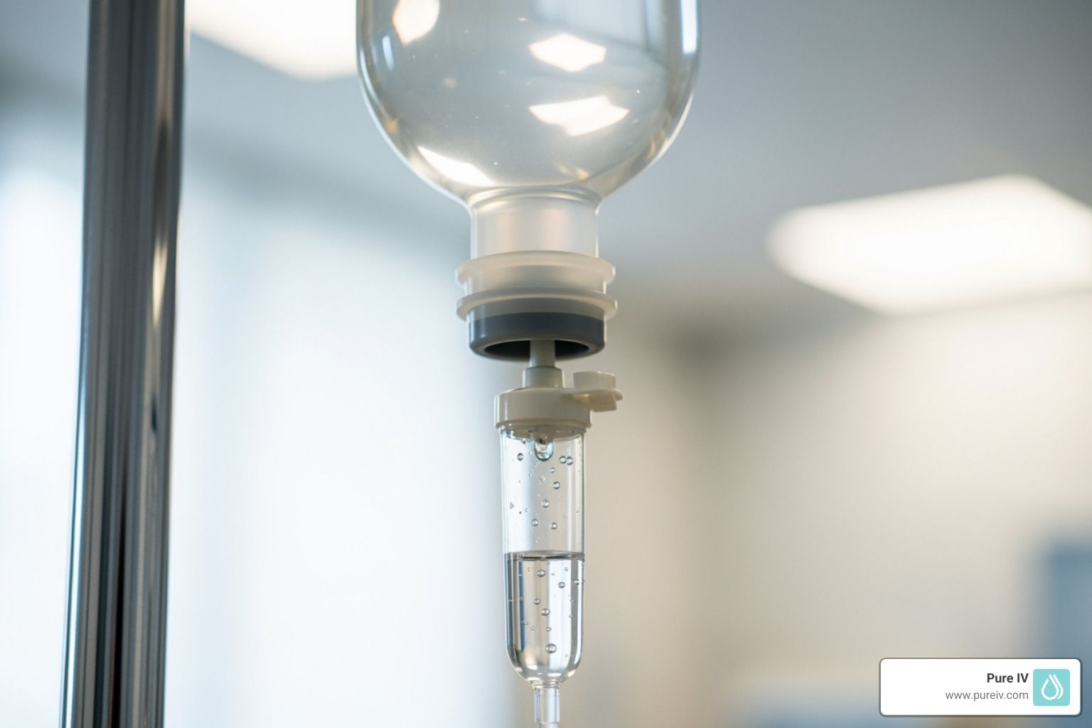 An intravenous drip bag and its drip chamber hanging from a metal stand in a clinical setting.