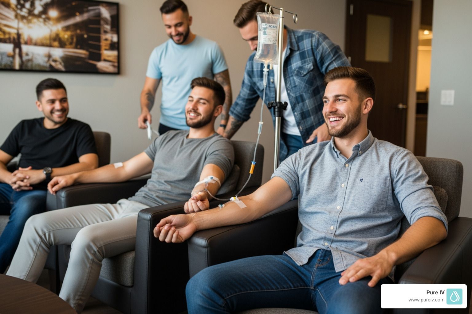 Two-panel image: people in a hotel room. One side: two women and a child. The other side: woman holding a medical pole.