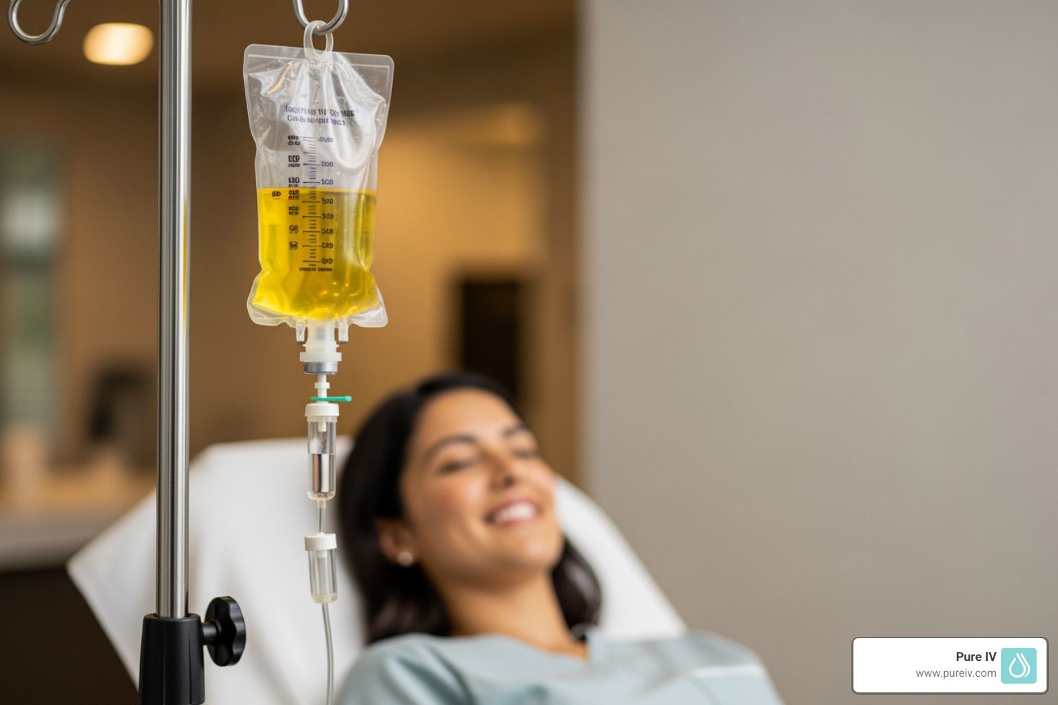 An IV bag with yellow fluid hangs on a pole in the foreground, with a person resting in the blurred background.