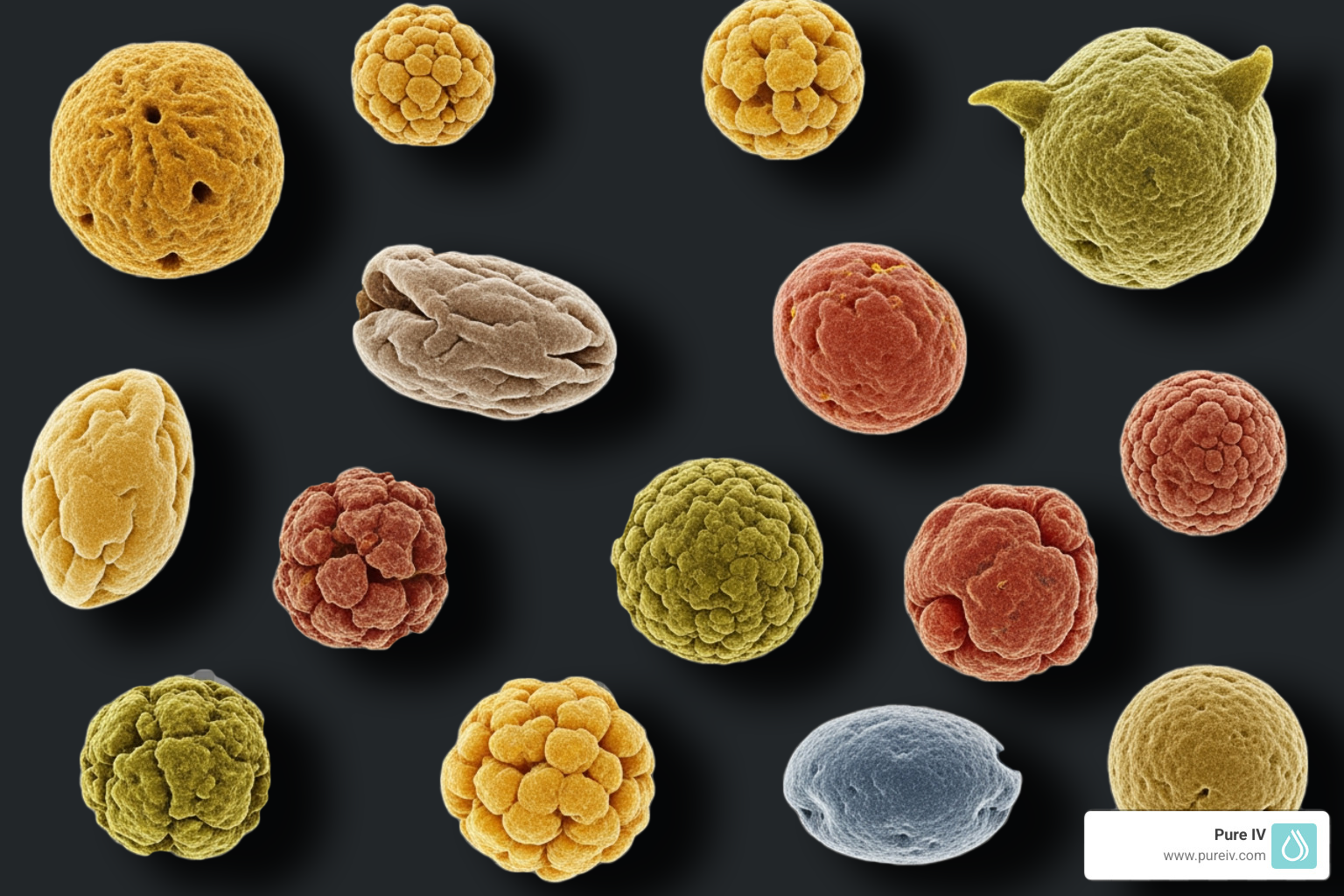 Colorful pollen grains, various shapes and textures