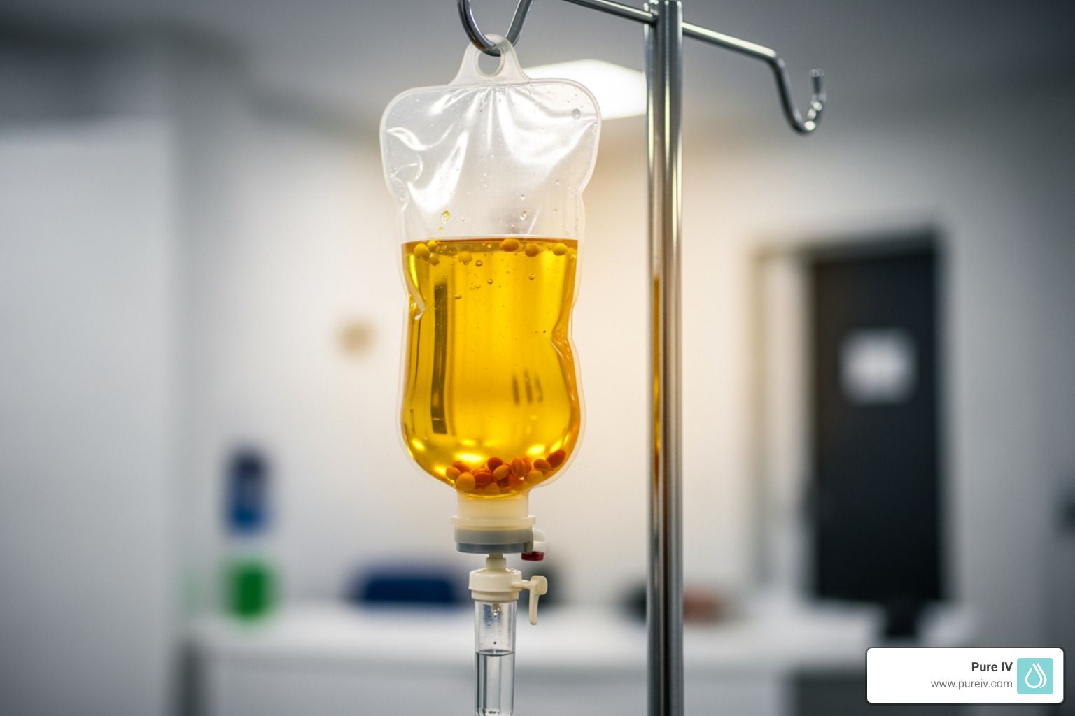 An IV bag filled with yellow liquid hangs from a metal stand in a blurred medical room.