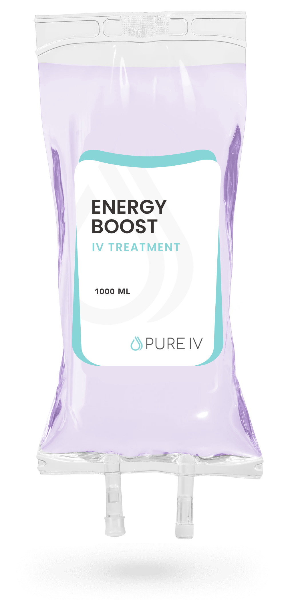 IV bag labeled "Energy Boost" with a pale purple liquid.