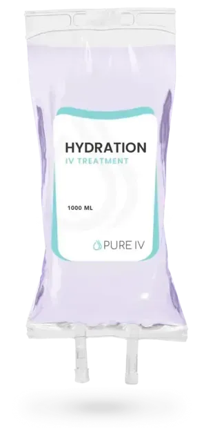 IV bag with hydration solution, labeled "Hydration IV treatment". Contains 1000 mL and a logo for Pure IV.