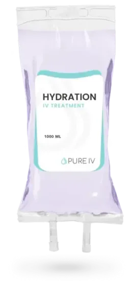 IV bag with hydration solution, labeled "Hydration IV treatment". Contains 1000 mL and a logo for Pure IV.