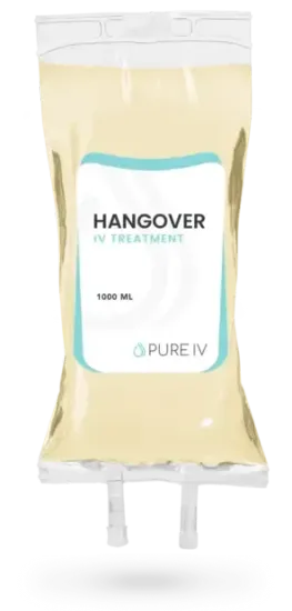 IV bag labeled "HANOVER IV TREATMENT". Contains yellowish liquid, with a blue accent on the label.