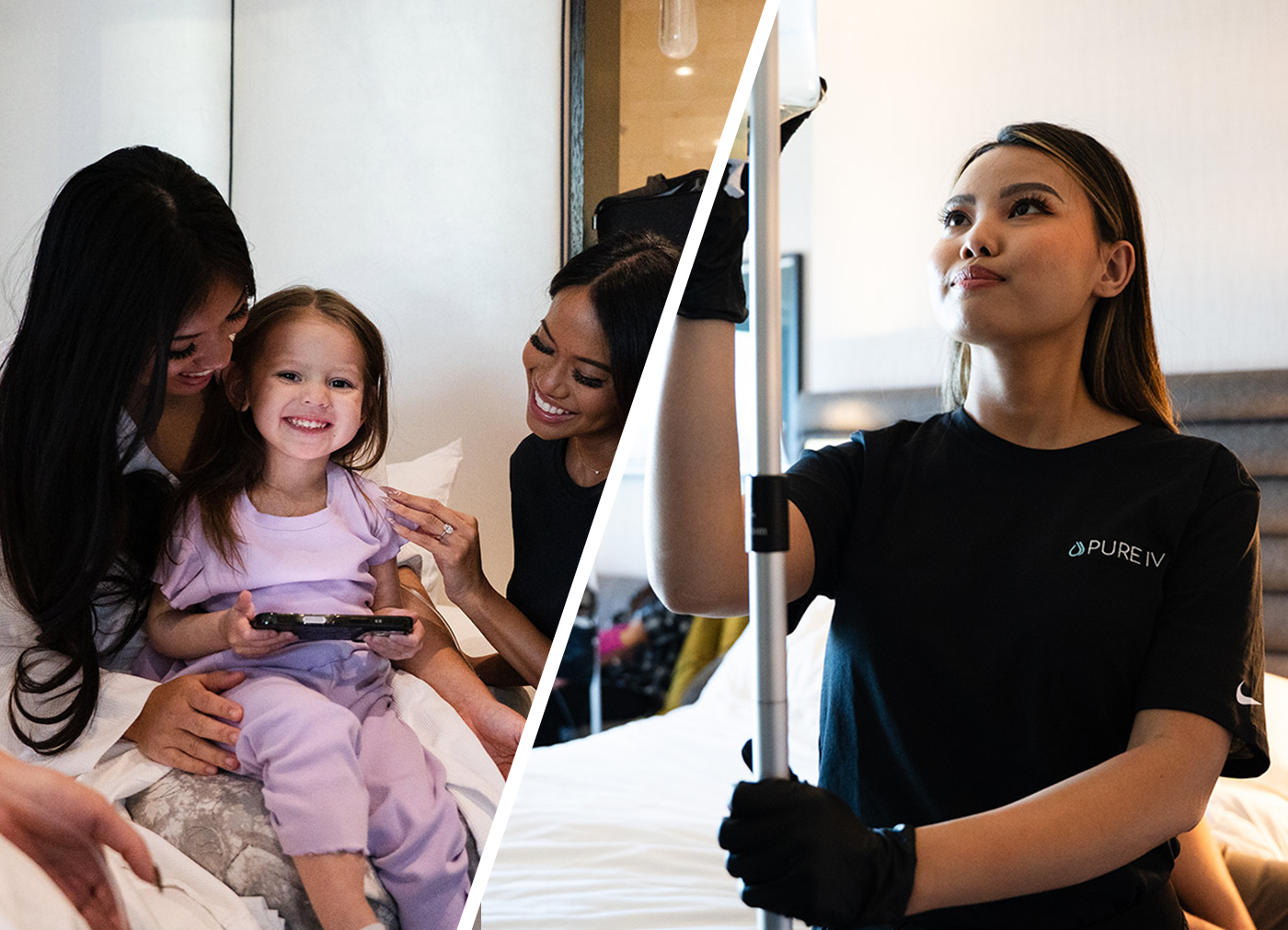 Two-panel image: people in a hotel room. One side: two women and a child. The other side: woman holding a medical pole.