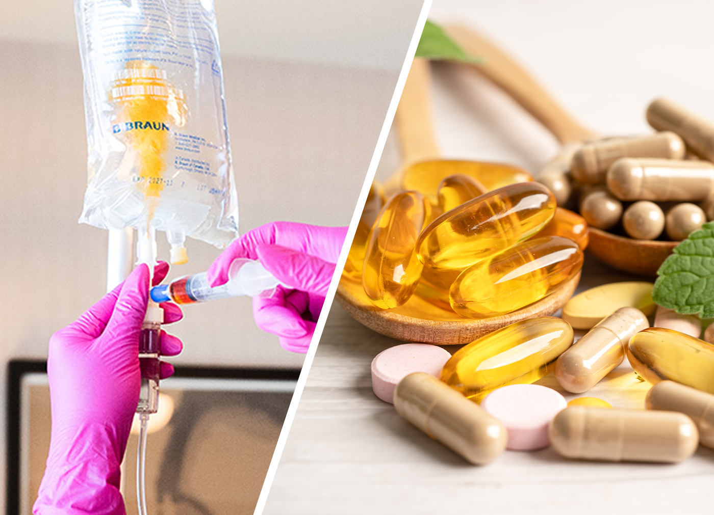 IV drip and various pills/capsules representing vitamin and supplement therapy.