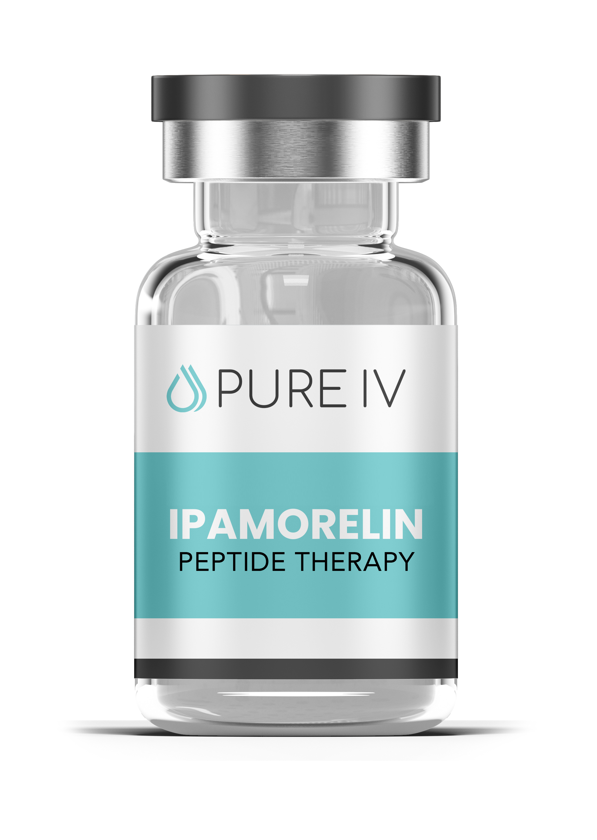 Vial of Pure IV Ipamorelin peptide therapy. Blue and white label on glass bottle with black cap.