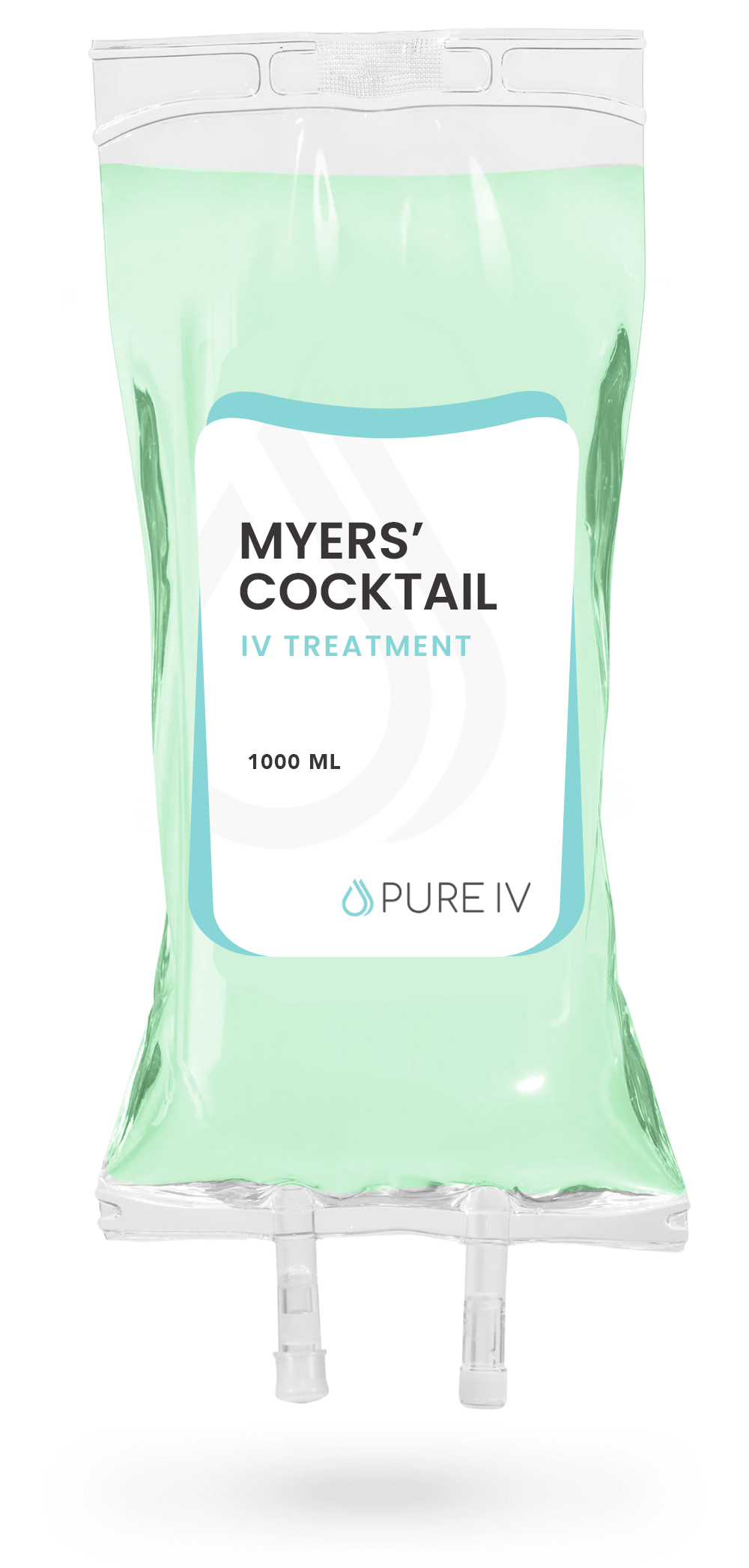IV bag labeled "Myers' Cocktail IV Treatment" with light green liquid.