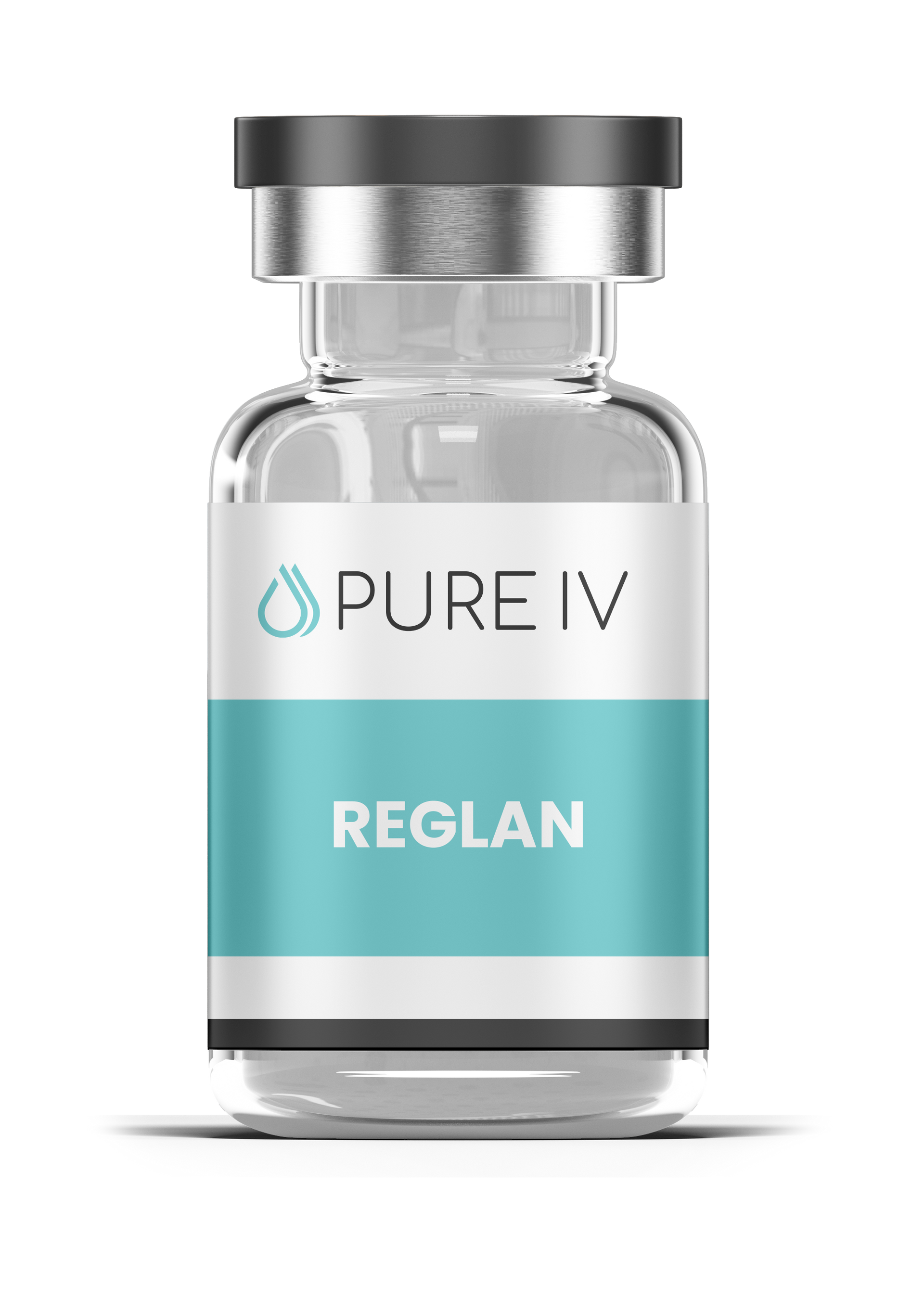 A clear glass vial with a silver cap and a white and teal label reading 