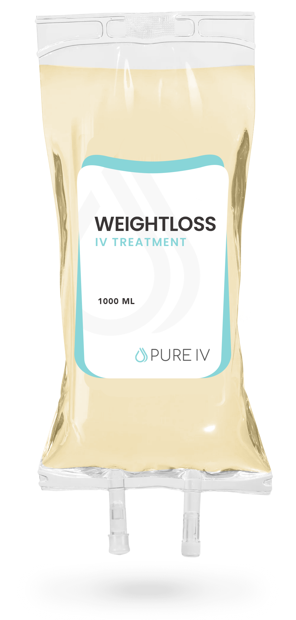 A pale yellow IV fluid bag labeled 