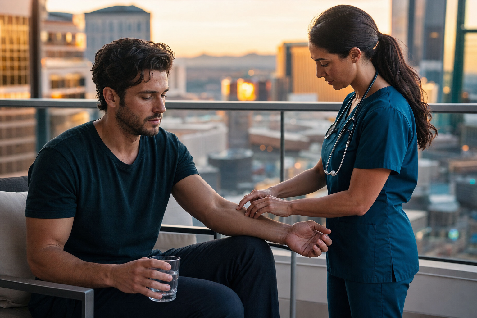 Female nurse in dark teal scrubs checking the pulse of a tired man on a Las Vegas hotel balcony at sunset