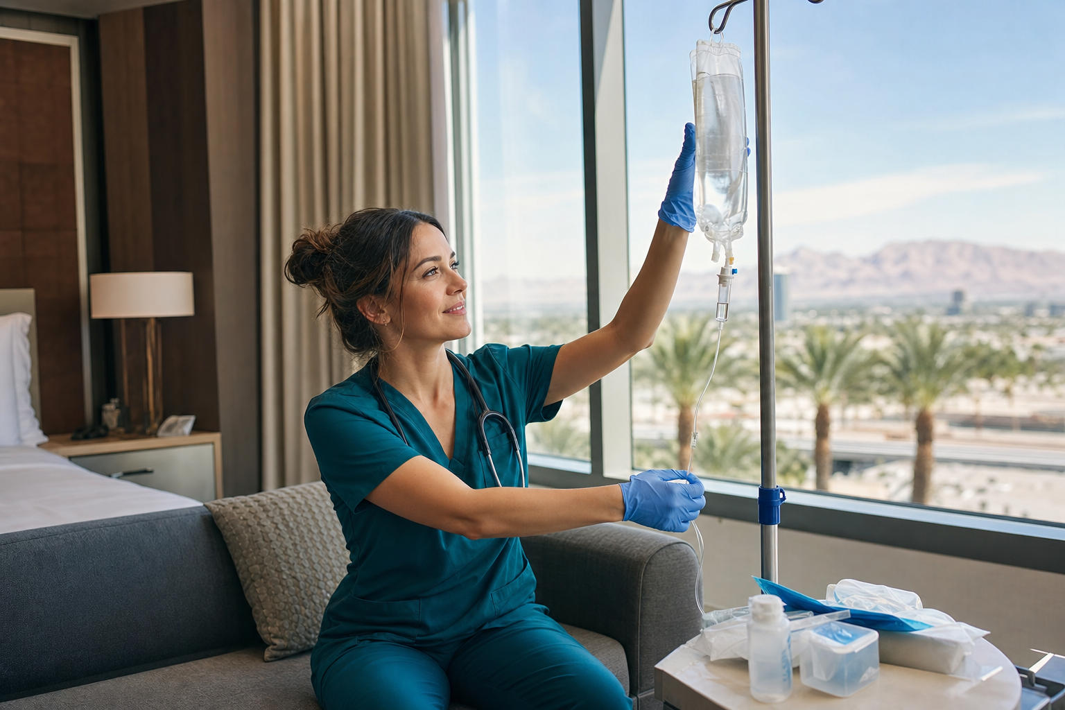 Female nurse in dark teal scrubs adjusting an IV for a smiling woman on a couch in a sunny Las Vegas hotel suite with palm trees and desert outside