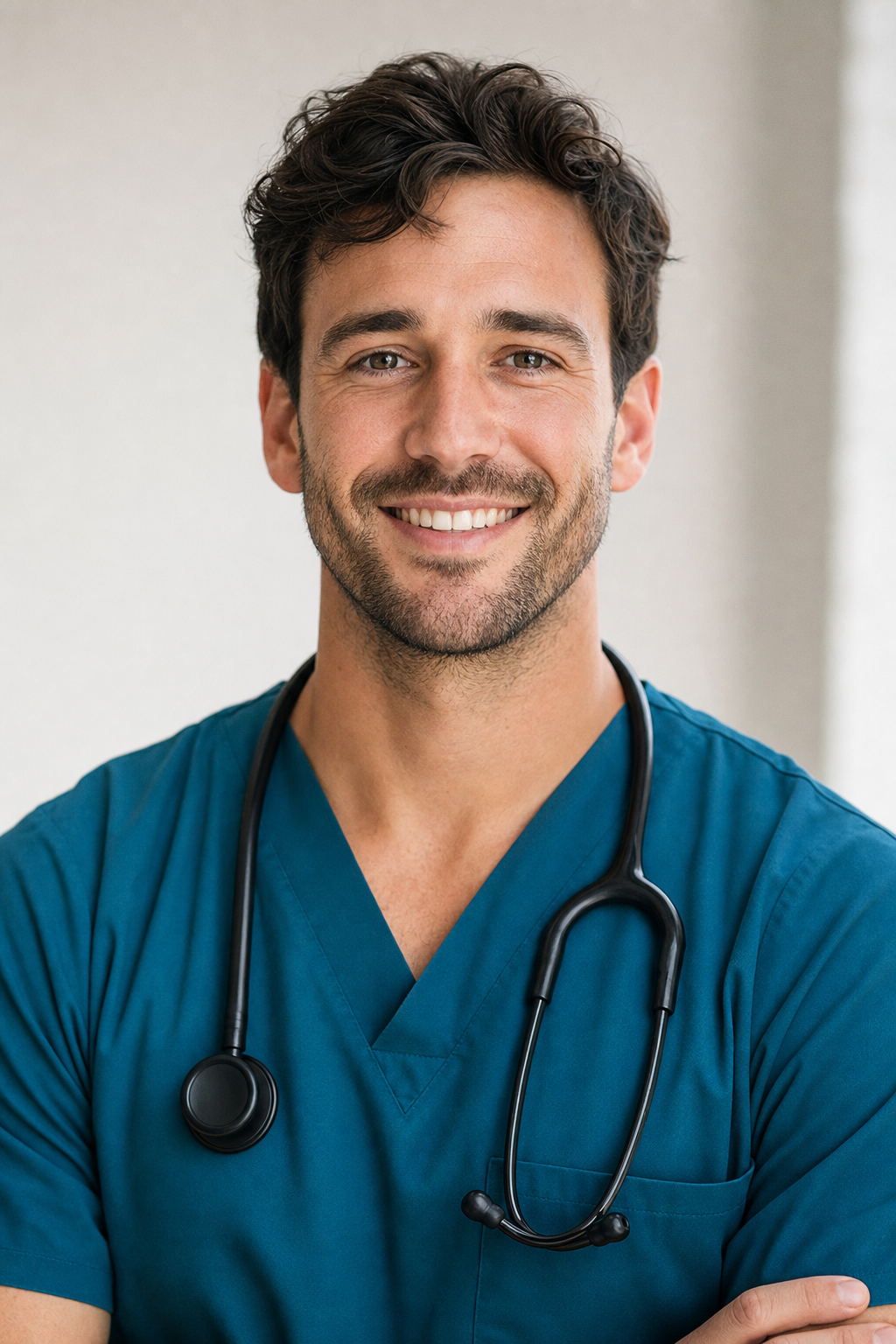 Professional male nurse in dark teal scrubs with stethoscope, friendly portrait
