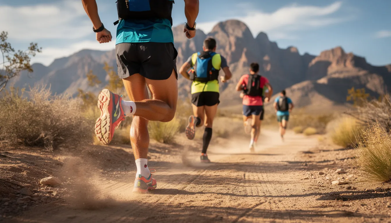 A group of athletes is running on a rugged desert trail, with majestic mountains rising in the background. This scene captures the essence of peak performance and athletic recovery, highlighting the importance of maintaining optimal health and hydration, much like the benefits of mobile IV therapy for athletes.