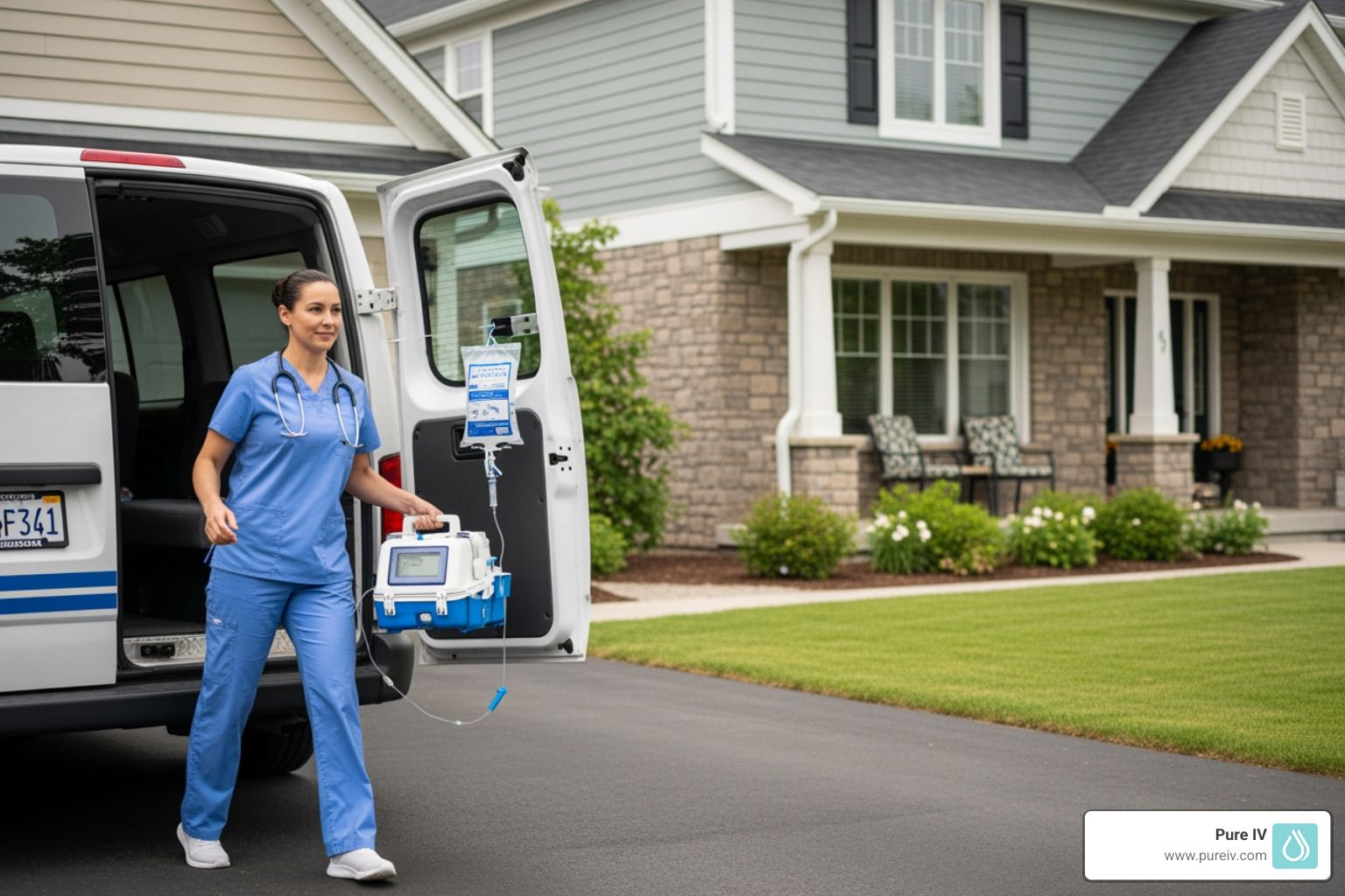 Nurse exiting van with IV equipment near a house.