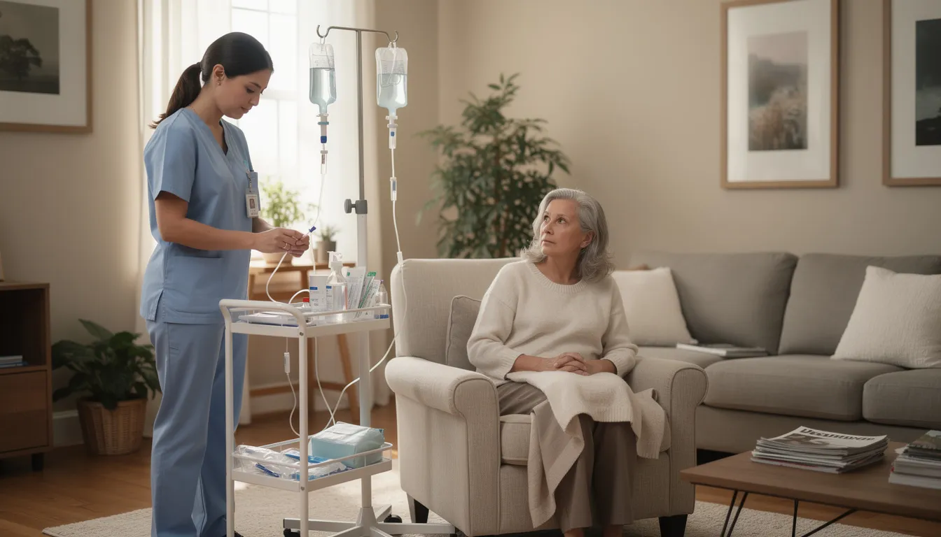 A registered nurse is setting up IV therapy equipment in a cozy living room, preparing for a mobile IV therapy session that focuses on delivering essential nutrients directly into the bloodstream for optimal health and immune support. This comfortable environment is ideal for busy professionals seeking rapid hydration and wellness treatments at home.