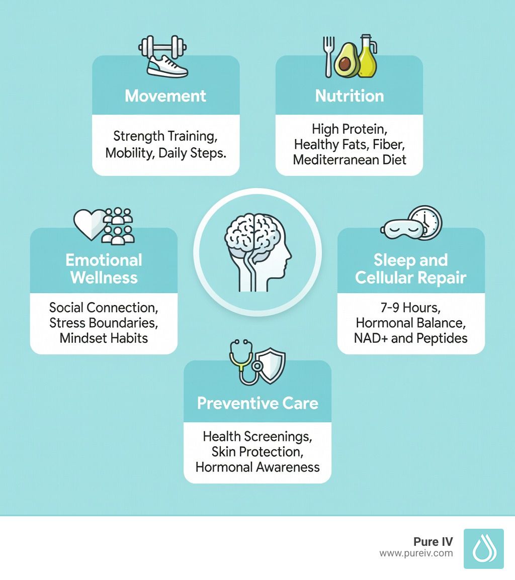 5 pillars of healthy aging infographic: Pillar 1 - Movement (strength training, mobility, daily step…