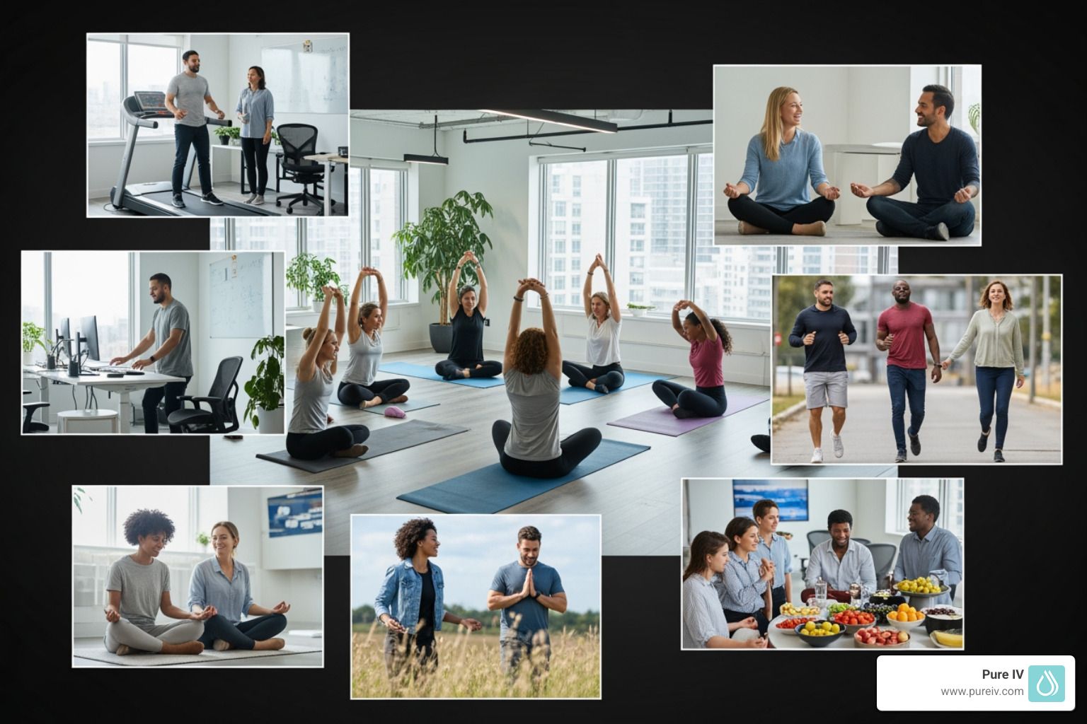 People practicing yoga, meditation, jogging, and other wellness activities, indoors and outdoors.