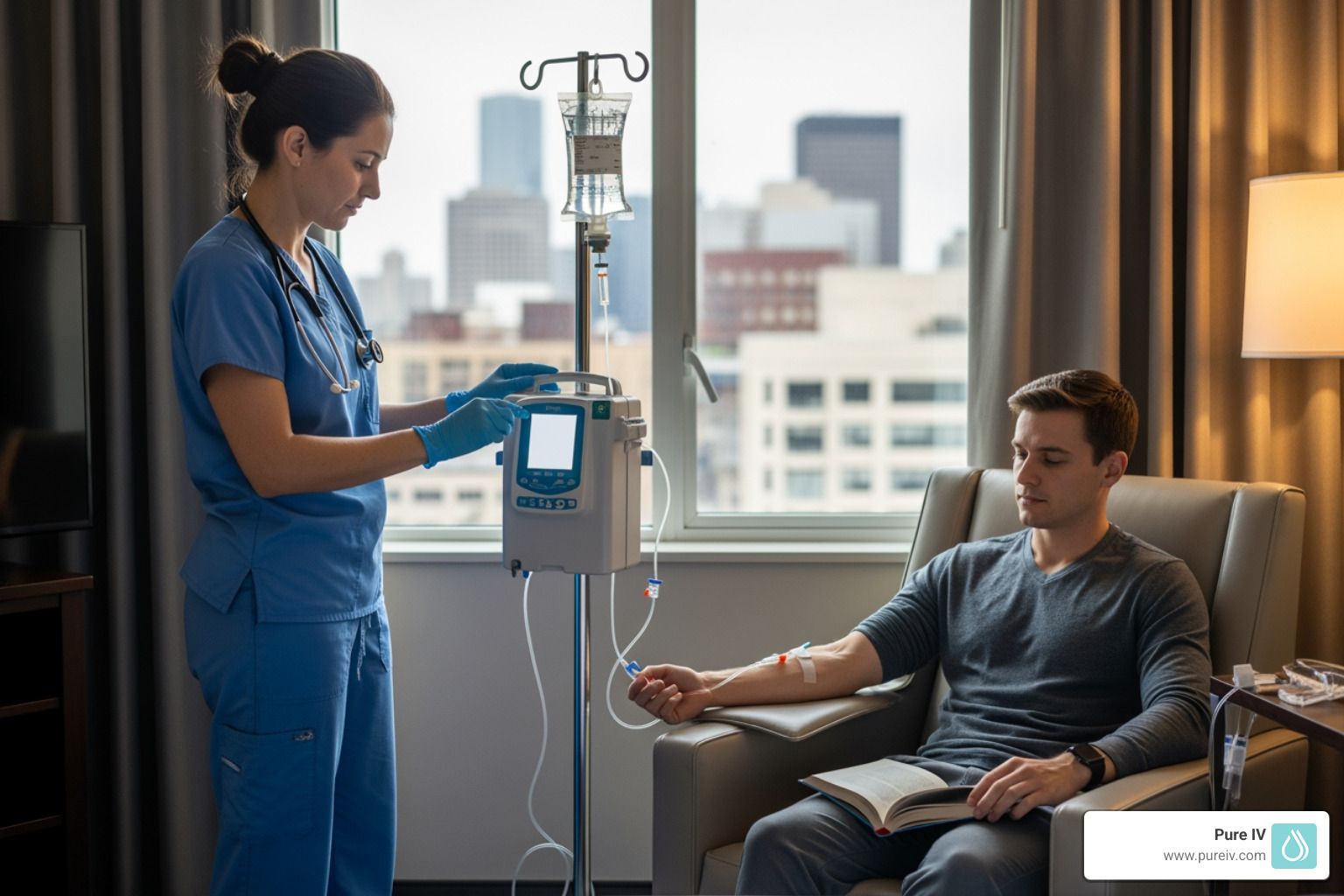 A nurse in blue scrubs adjusts an IV pump connected to a patient seated in a chair before a large city view window.