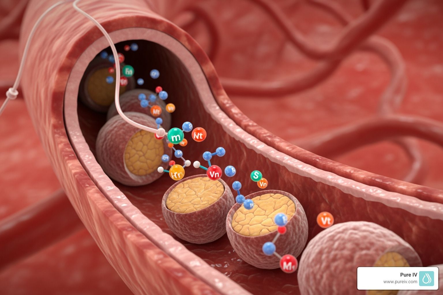 Cross-section of blood vessel showing cholesterol deposits and molecules floating.