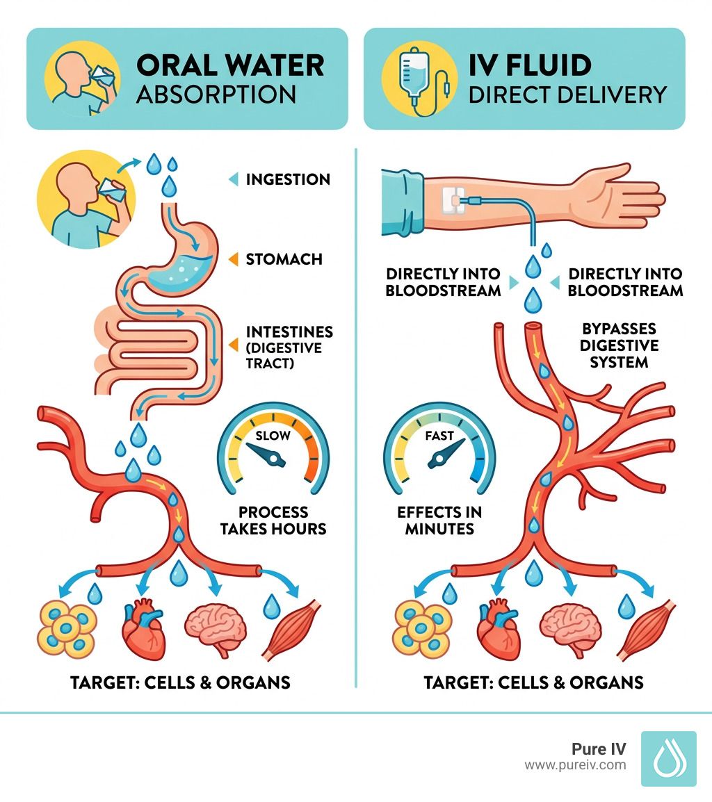 Infographic comparing oral water absorption path vs. IV fluid direct bloodstream delivery and speed…