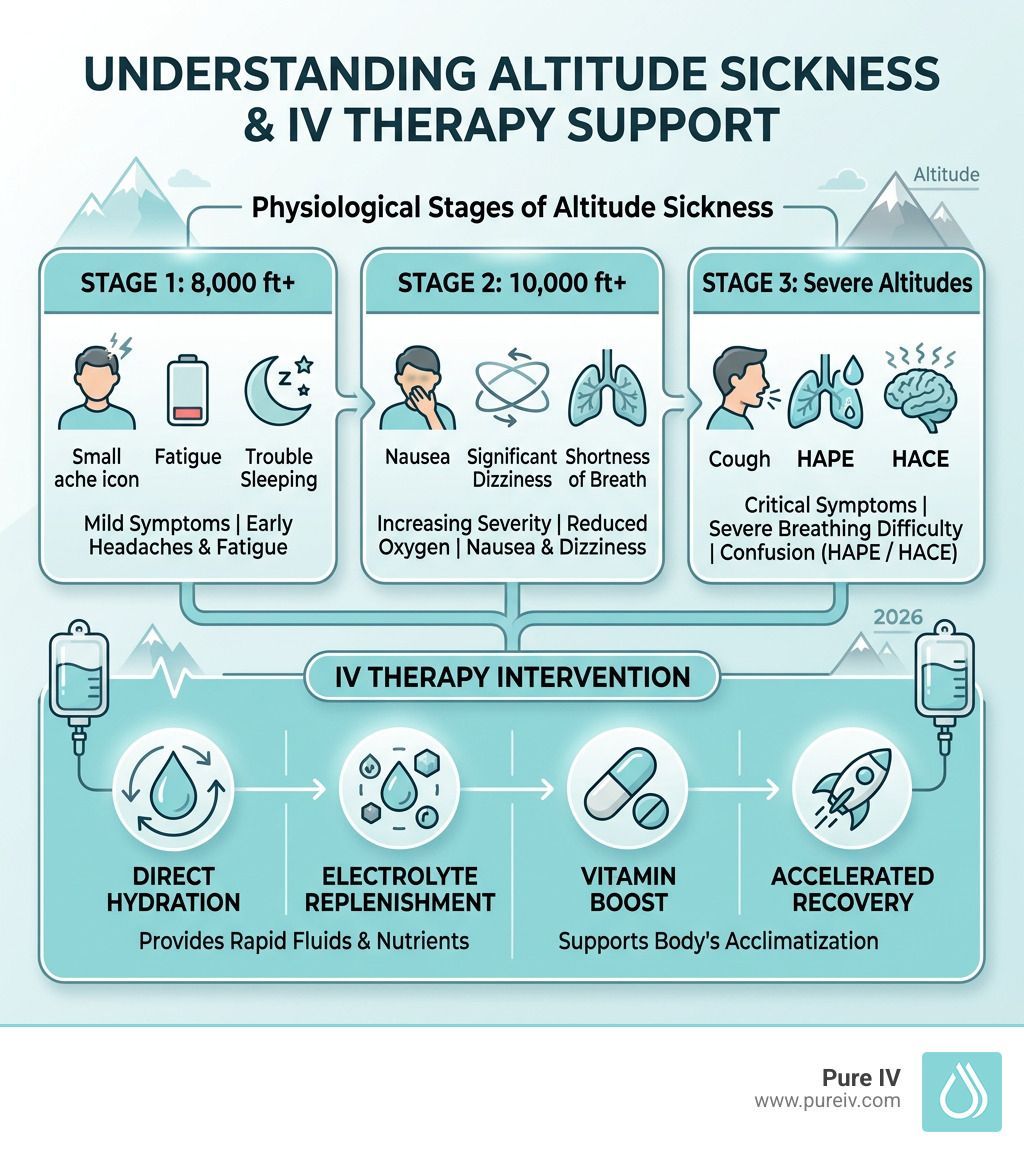 Infographic on altitude sickness stages (8,000ft+ to severe) and how IV therapy assists recovery via hydration and vitamins.