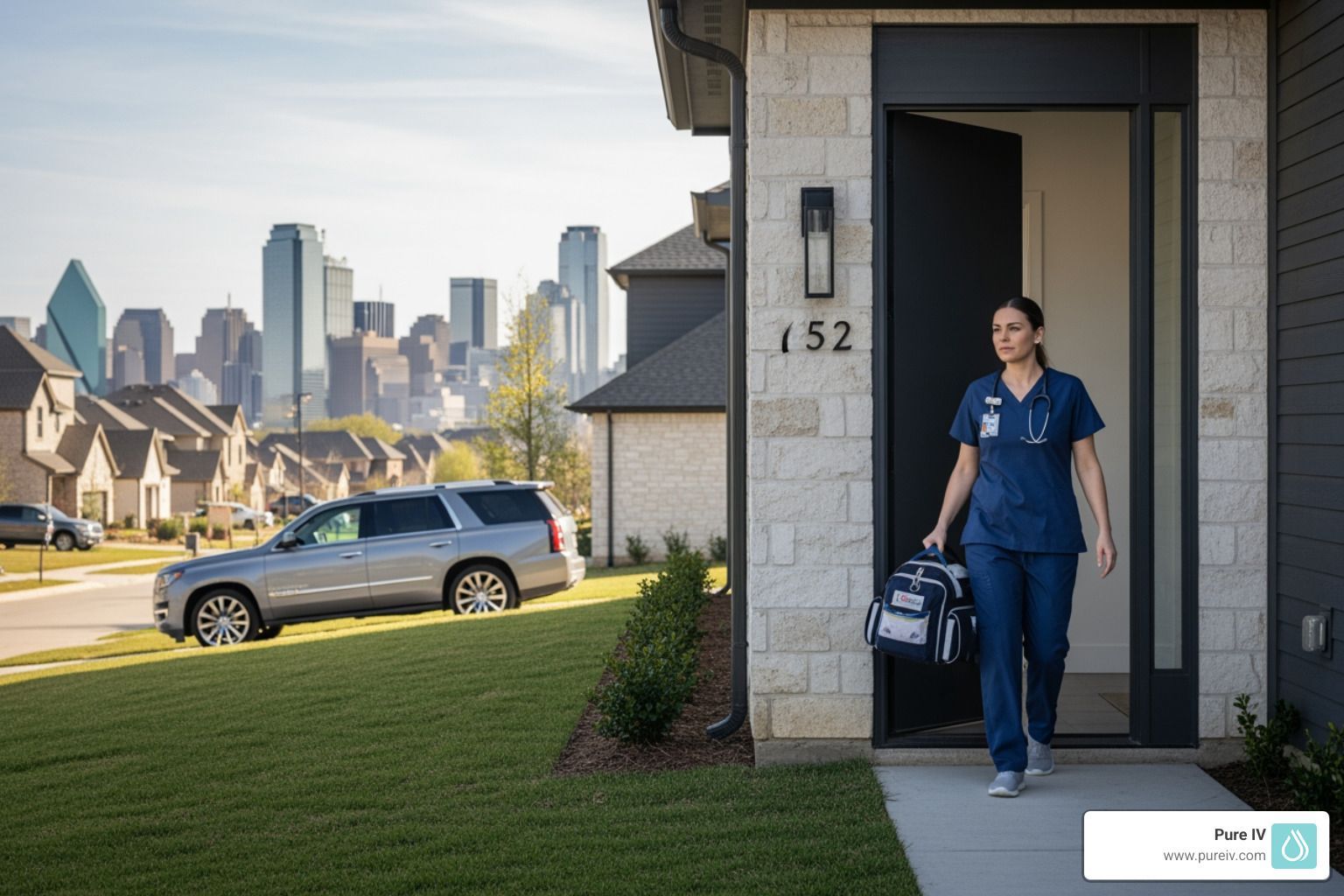 mobile IV nurse arriving at a Dallas home - hangover iv dallas