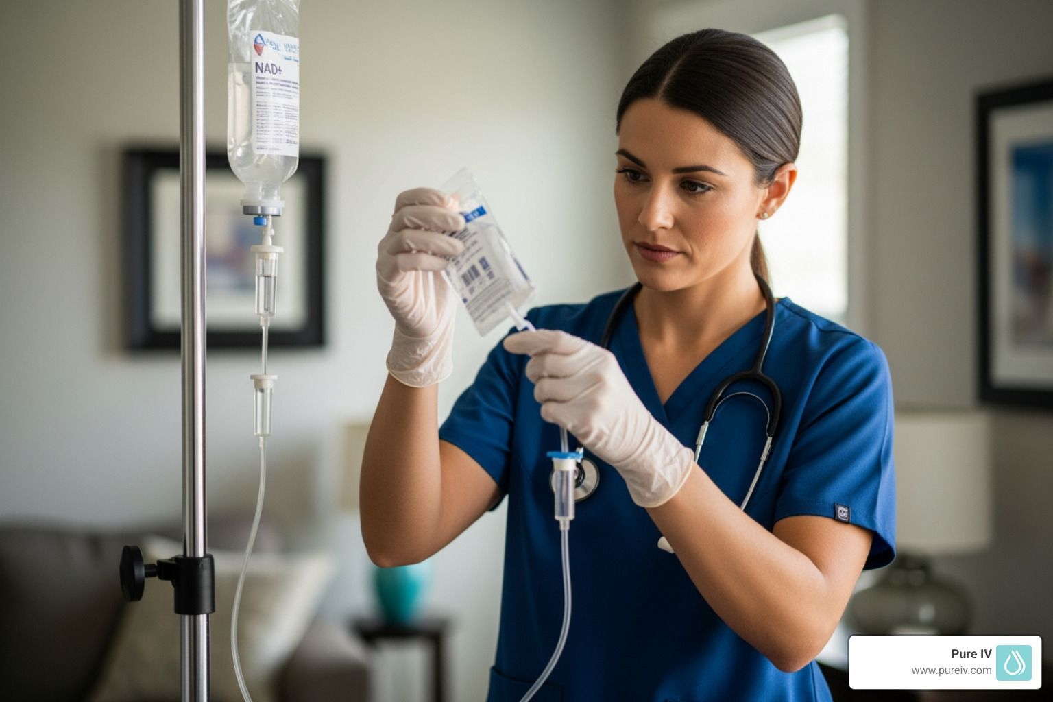 Licensed nurse preparing a nutrient-rich NAD+ IV bag for a mobile session - NAD+ IV Therapy: Benefit