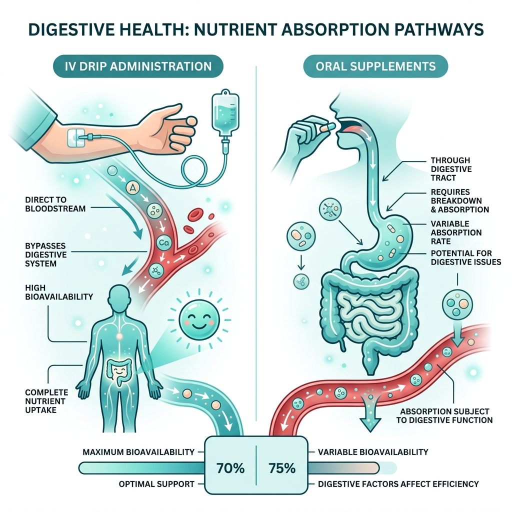 Infographic comparing IV nutrient absorption path vs. oral supplement path through the digestive system - digestive health