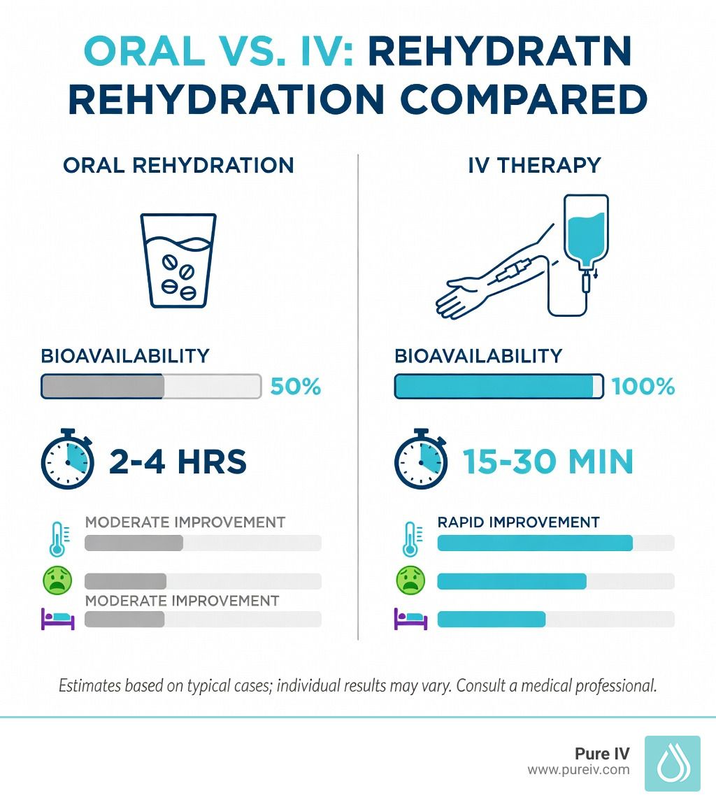 Detailed infographic comparing oral rehydration versus IV therapy, showing absorption rates, bioavai…