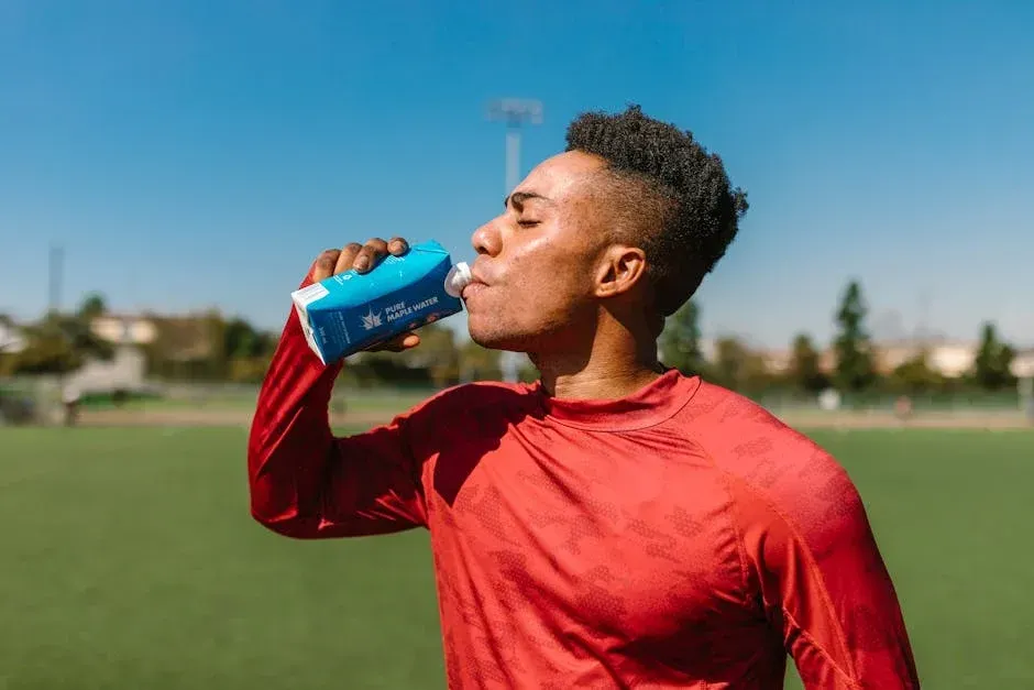 A person in a red long-sleeved shirt drinks from a blue water container on a sunny sports field.