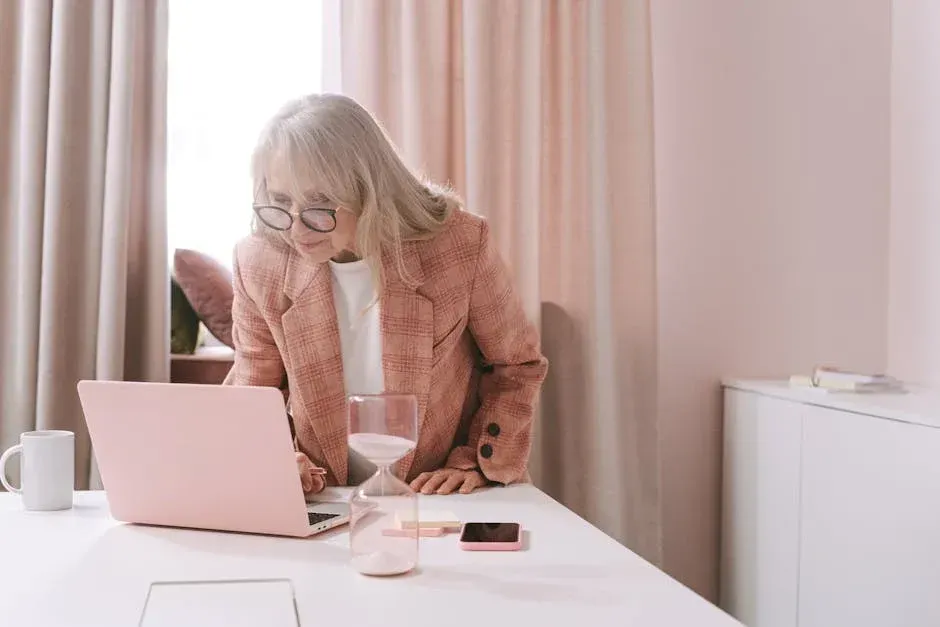 A person wearing a pink blazer works on a pink laptop at a white desk with an hourglass nearby in a soft-toned room.