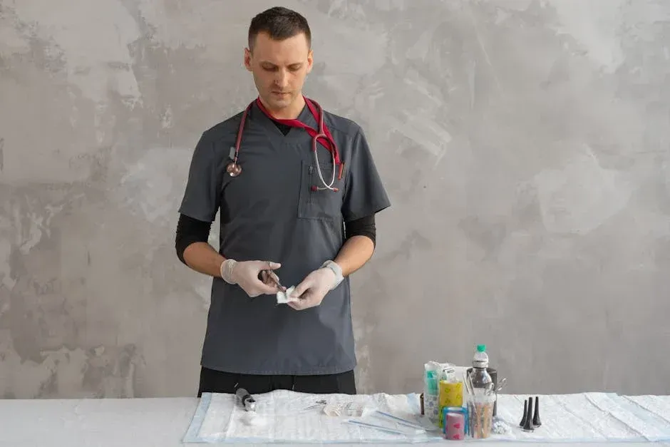 A medical professional in grey scrubs and gloves prepares equipment on a table against a textured grey wall.