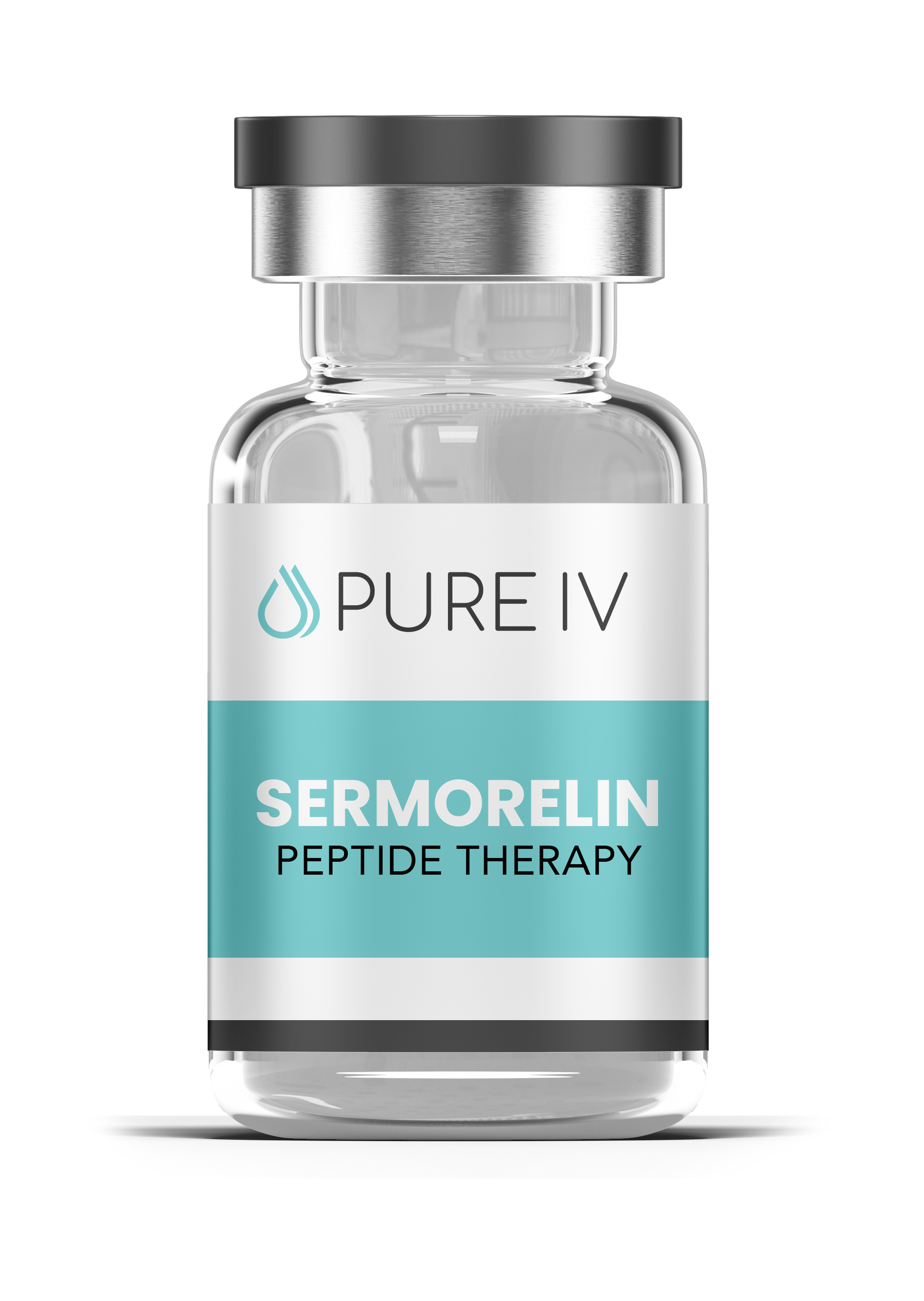 Vial of "Sermorelin Peptide Therapy" by Pure IV, with a teal and white label on a light background.
