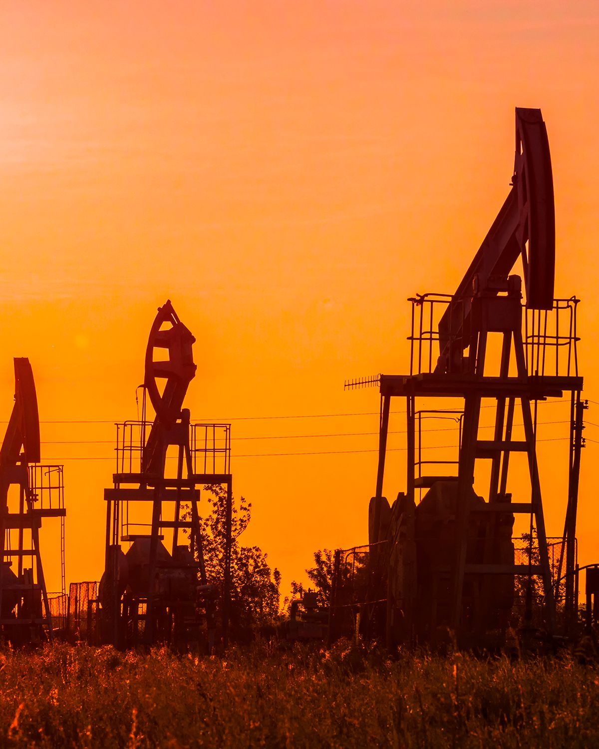 Silhouettes of oil pumpjacks stand in a field against a bright orange sunset.