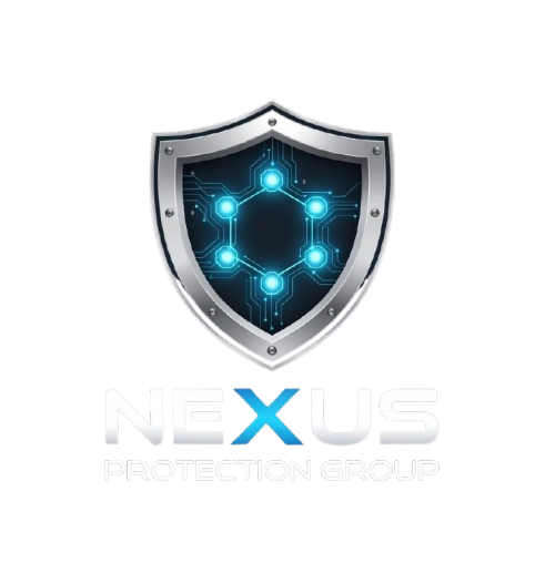 Shield logo with glowing blue network emblem and the text “NEXUS Protection Group”