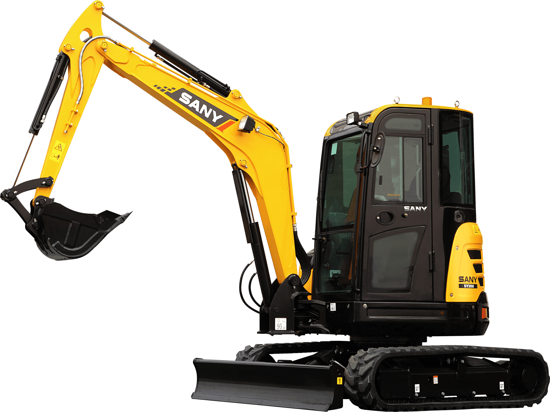 A yellow and black excavator with a black bucket on a white background.