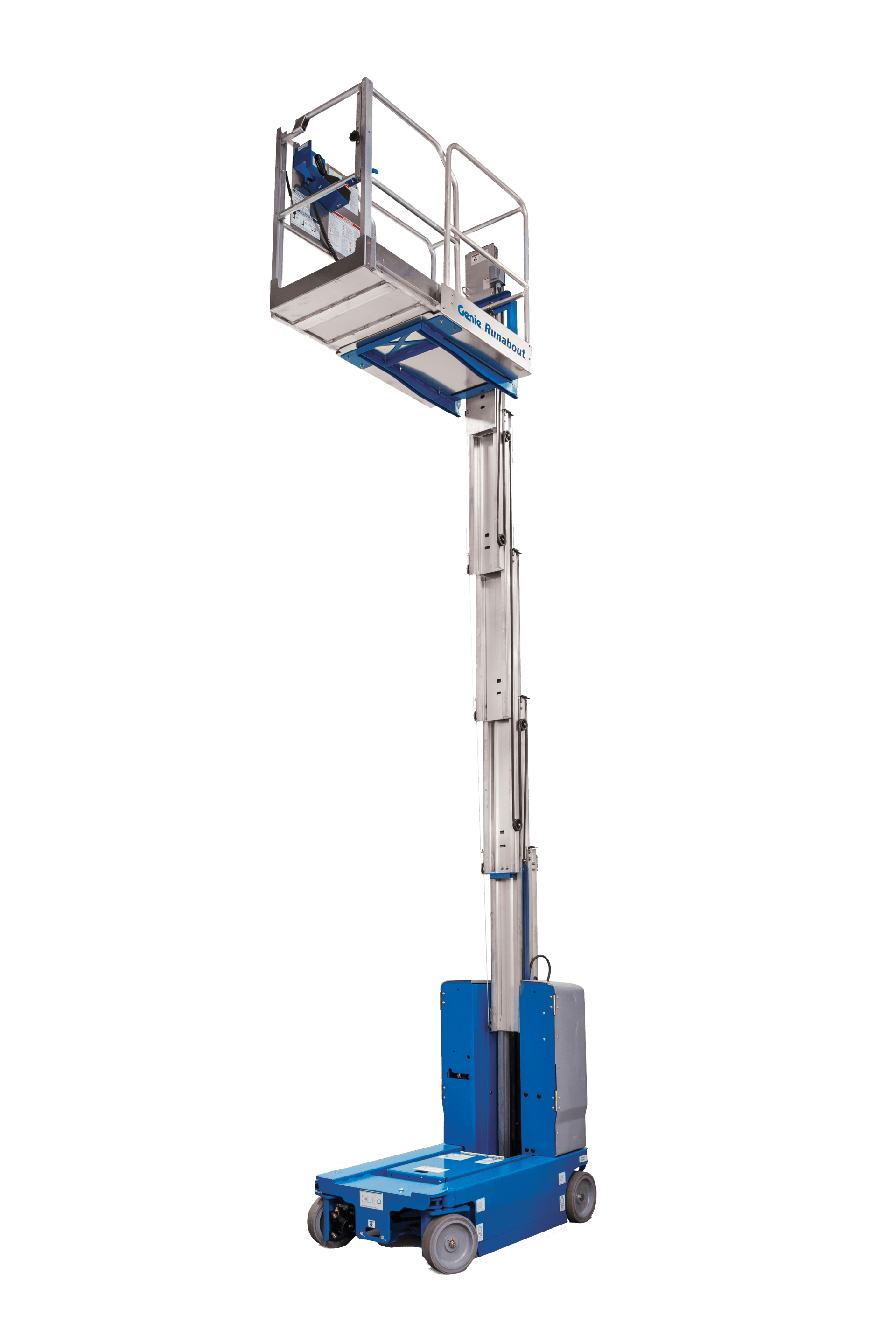 A blue and white aerial lift on a white background.