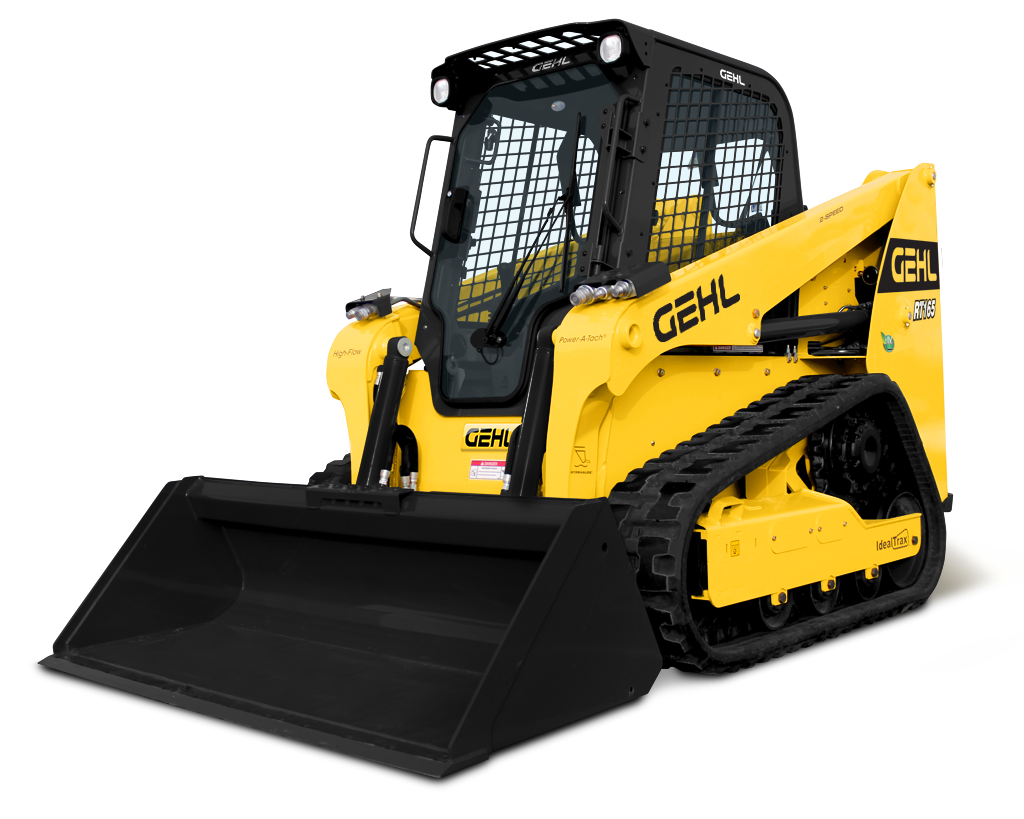 A yellow and black tractor with a black bucket on a white background.