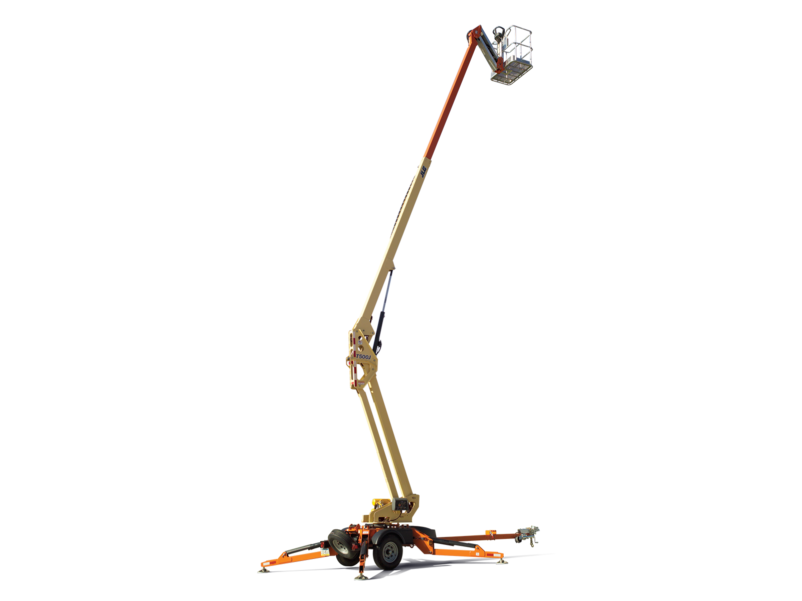 A crane is sitting on top of a trailer on a white background.