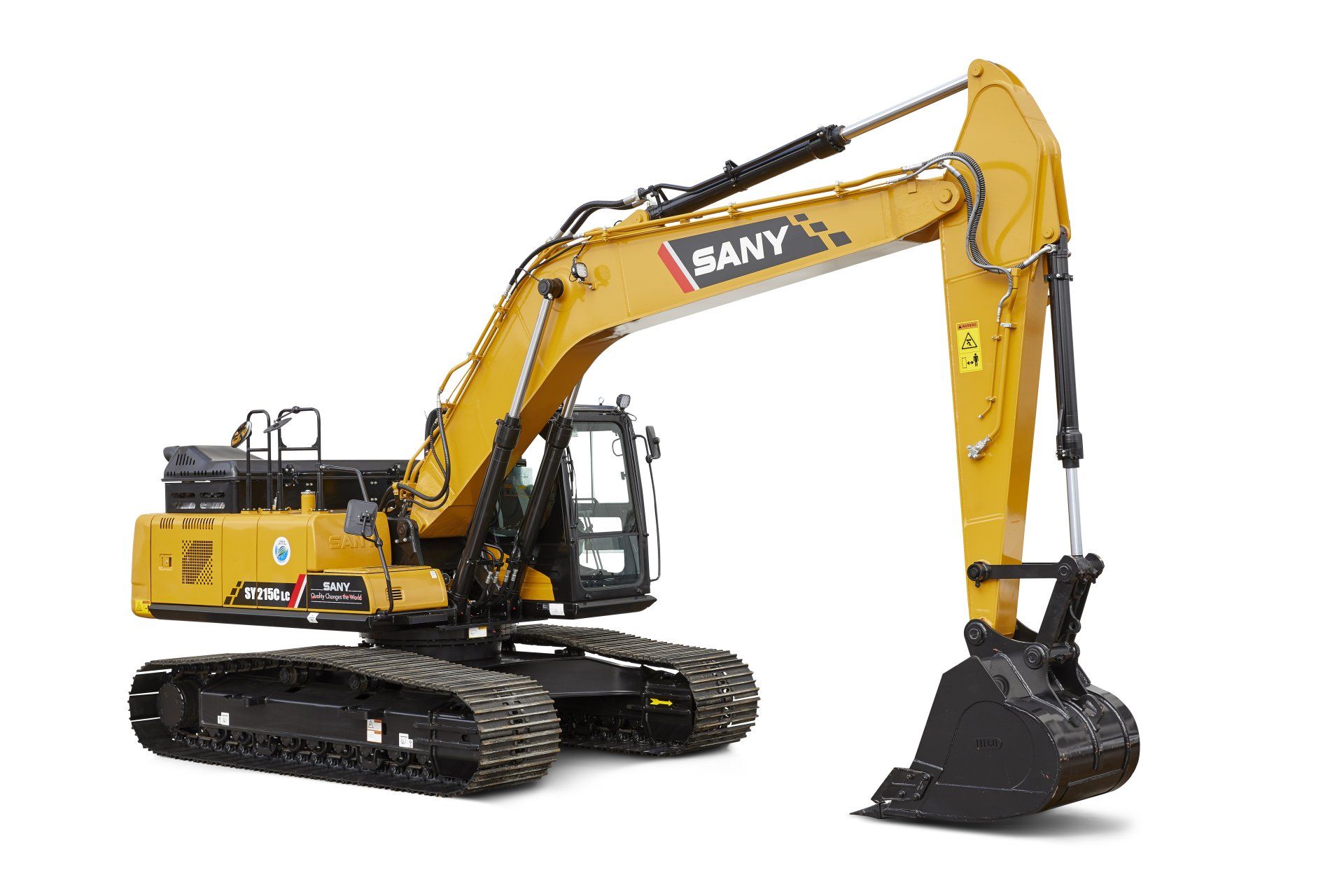 A yellow excavator with a large bucket on a white background.