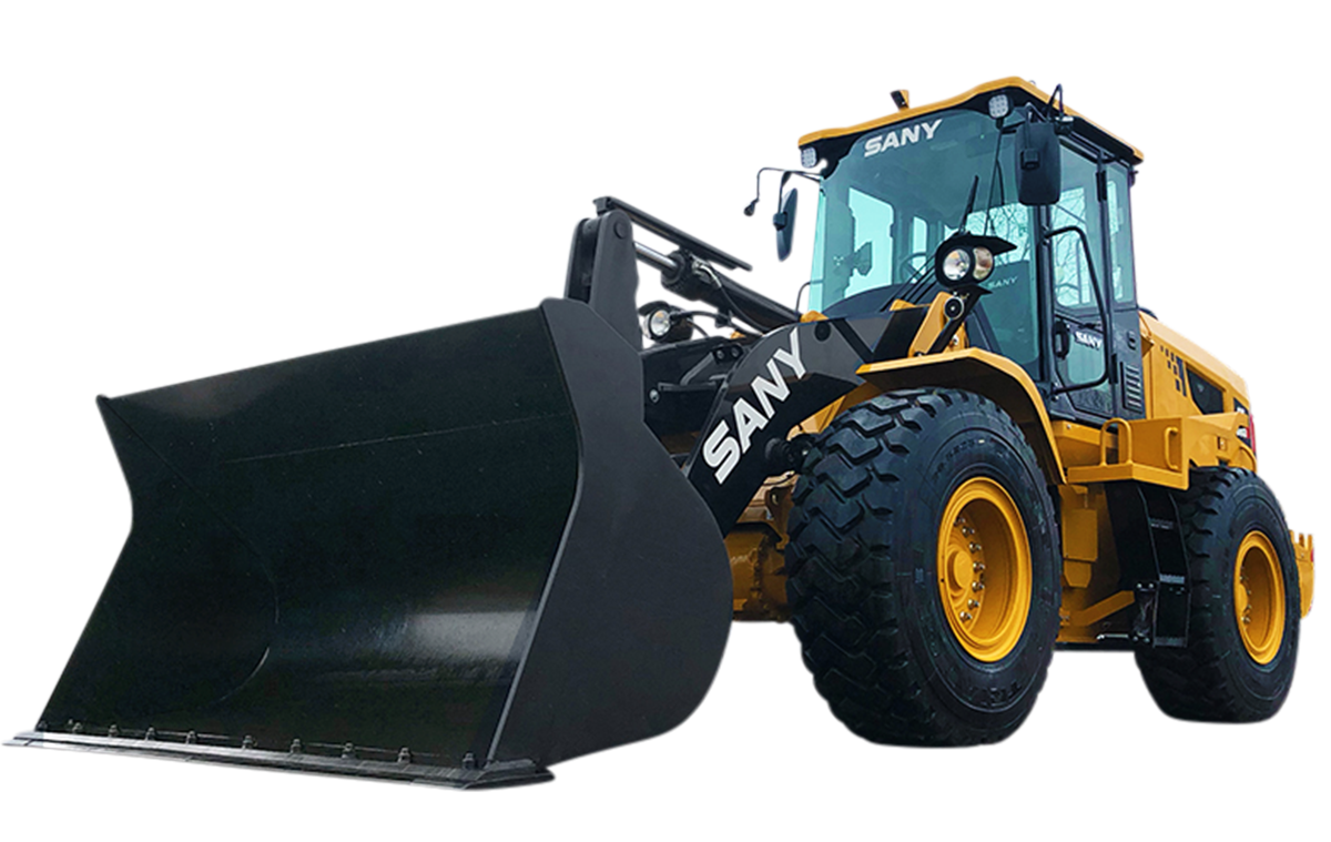 A yellow and black sany wheel loader with a black bucket on a white background.