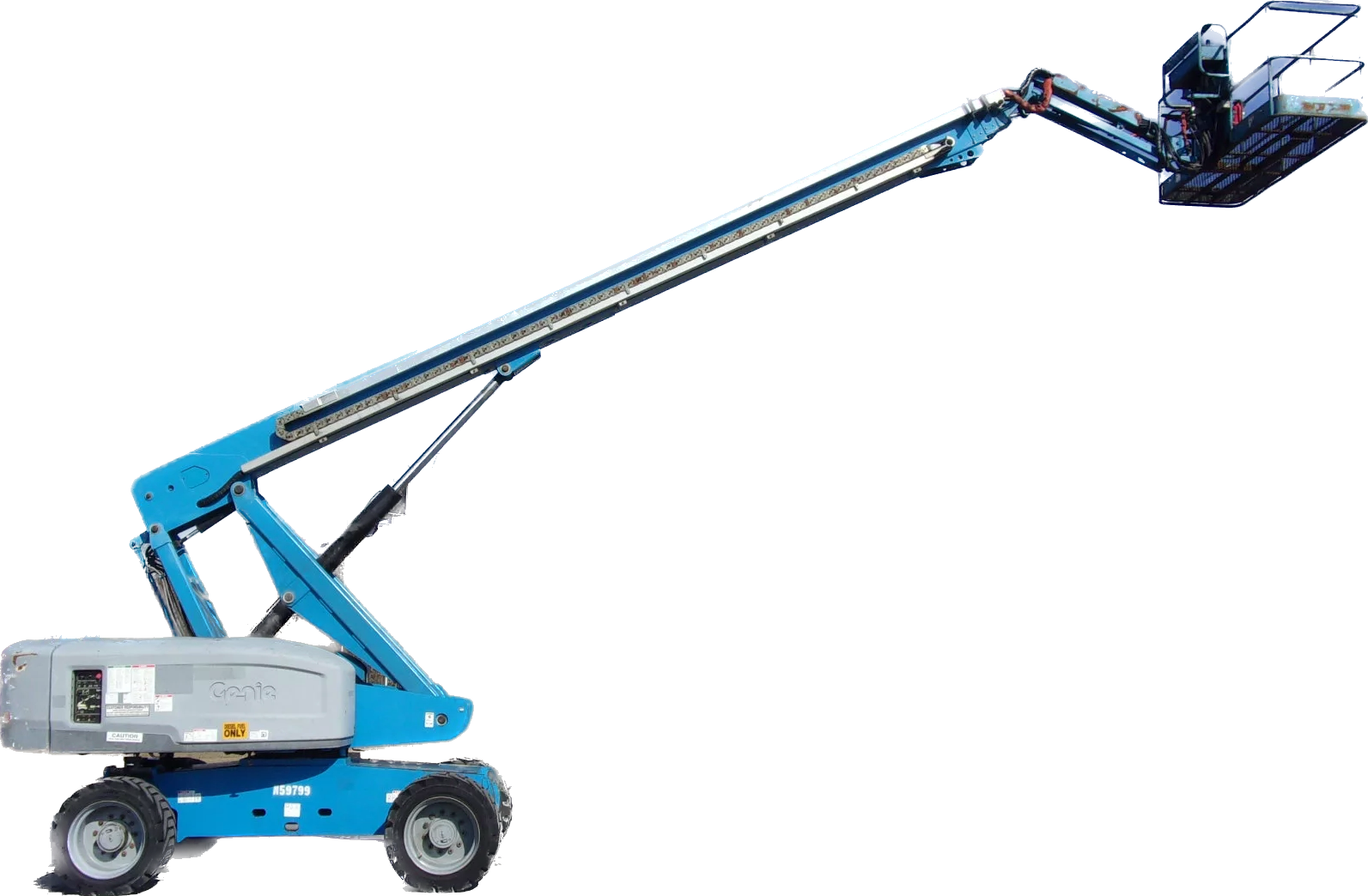 A blue and white aerial lift with a long arm on a white background.