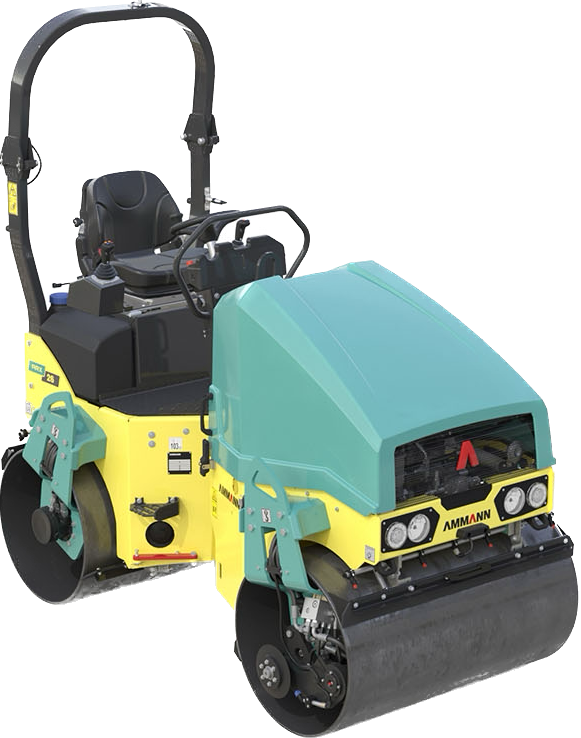 A yellow and green asphalt roller on a white background.